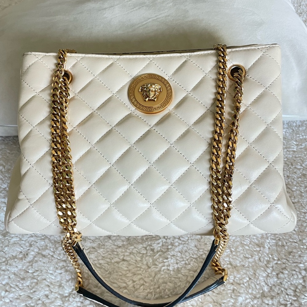 Versace White Quilted Nappa Leather Medusa Tote Handbag